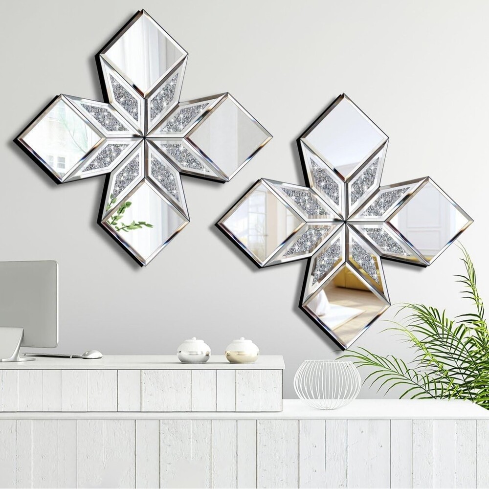 NEW Crushed Diamond Mirror Wall Decor Set of 2 Geometric Star Silver Glam Bling